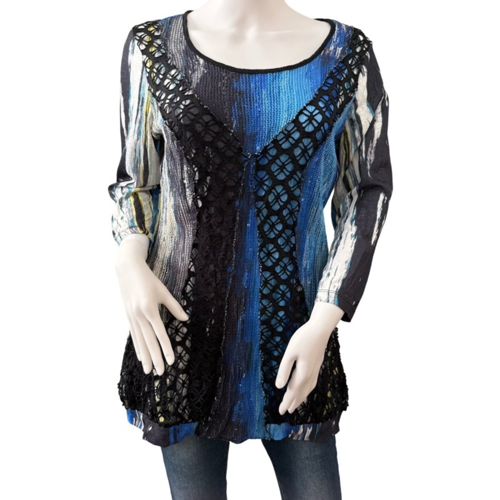 ALBERTO MAKALI Artsy Tunic‎ Top Medium Blue Black Brushstroke Crochet Gauze Y2K